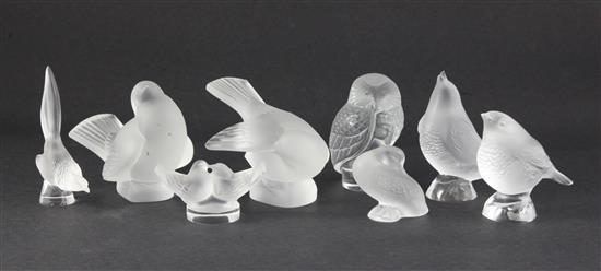 A group of eight Lalique Cristal bird paperweights / ornaments, modern, 7.75cm (2.9in.) - 12cm (4.72in.), some with boxes